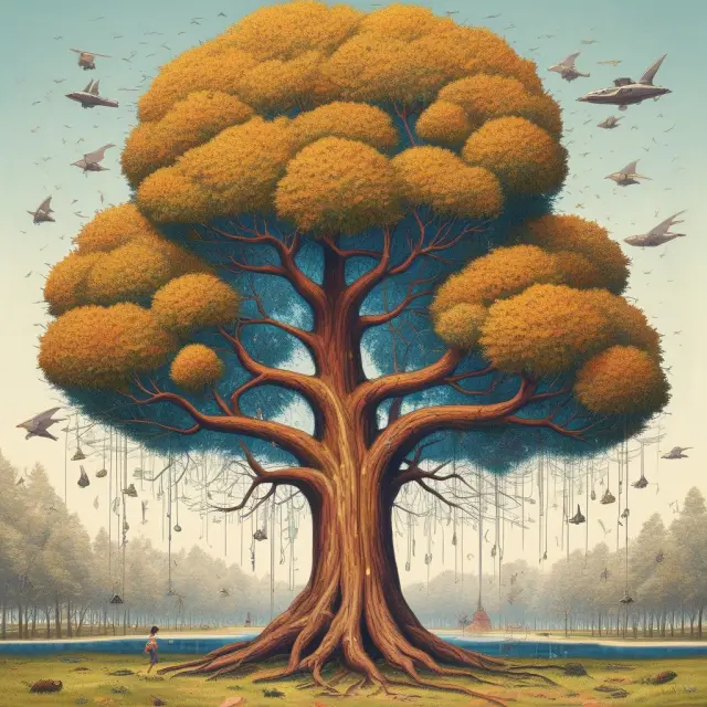 A fire tree with allied lines represented by interconnected branches and an all-risk insurance umbrella providing coverage for a wide range of risks