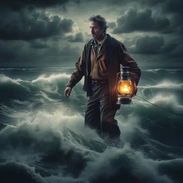 An overnight trader braves turbulent waters, holding a lantern to illuminate potential risks and opportunities.