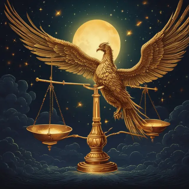 A golden phoenix balances scales representing leverage, as fireflies light up the night sky symbolizing borrowing costs