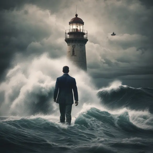 Sailor in a small boat navigates choppy waters at night towards a lighthouse, symbolizing the challenges and strategies for managing risk in overnight markets