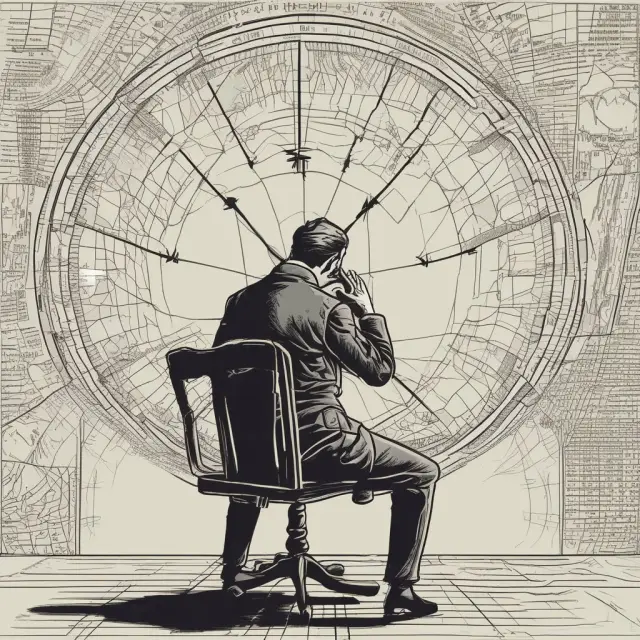 A trader contemplating an overnight position decision on a forex globe, accompanied by a ticking clock symbolizing time and market risk.