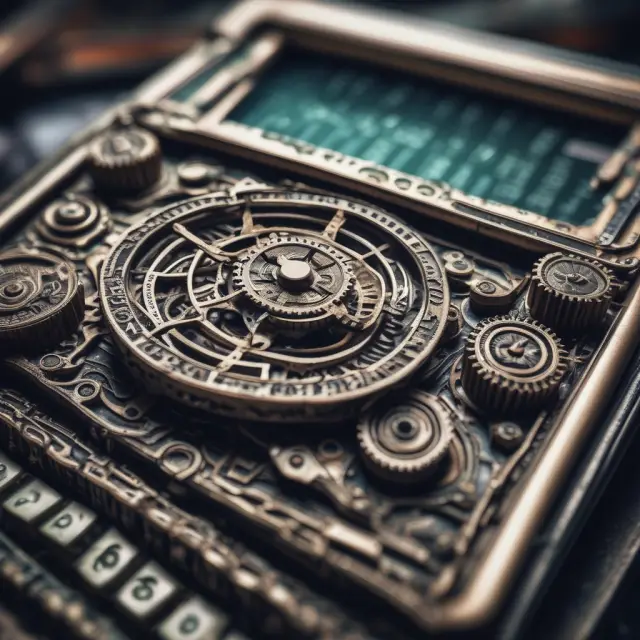 An intricately designed calculator with interconnected gears symbolizing the eight steps involved in calculating profits from an overnight index swap