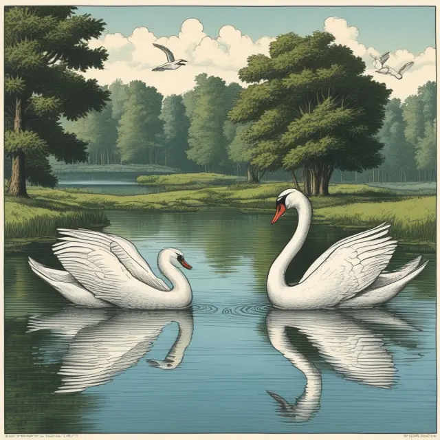 Three swans symbolizing overnight index swaps, futures, and options in a pond: one gliding smoothly, one tossed by winds, and one balanced on a branch