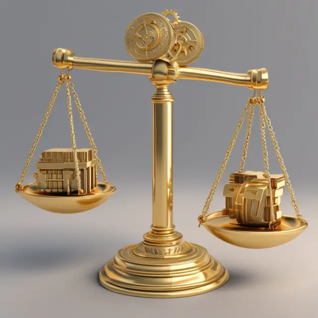 A golden scale balanced between two weights symbolizing bank rates and overnight rates, with intricately designed gears representing inter-bank borrowing in the background