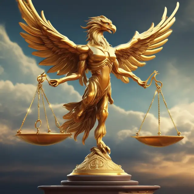 Phoenix holding golden scales with economic indicators - inflation, employment, and interest rates