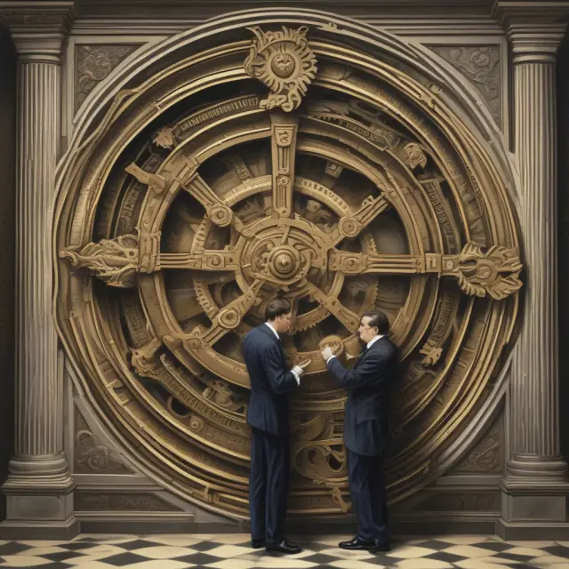 Two central bankers adjusting the gears of a large clock to set interest rates and maintain economic stability