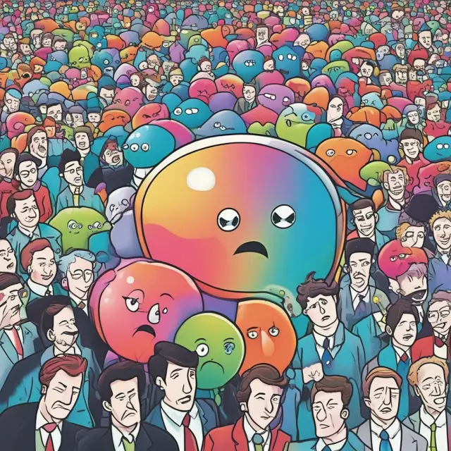 An image of investors represented as individuals with various emotion bubbles (fear, greed, confusion) influencing a dynamic financial market