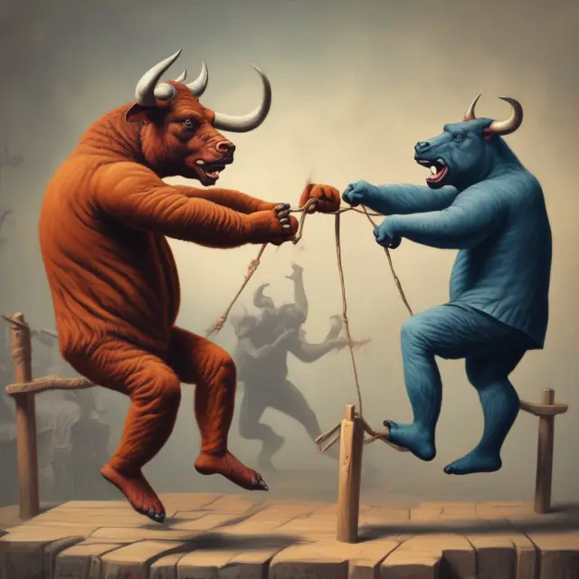 Artwork depicting bulls and bears on a seesaw, representing market overreactions to the upside (bulls) and downside (bears)