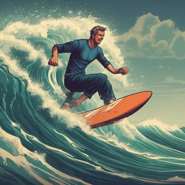 An investor standing on a surfboard amidst a turbulent sea of stock market waves, symbolizing the potential for profit through value investing and exploiting cognitive biases