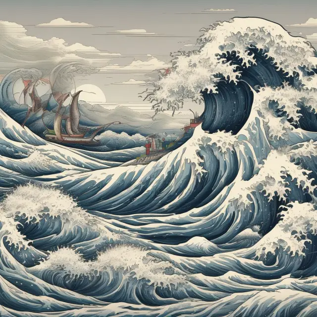 A digital wave of information crashing over a market graph, symbolizing technology