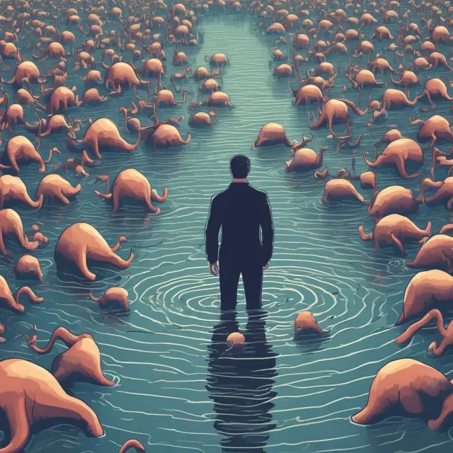 An investor stands in a river of financial data, anchors symbolizing biases and emotional reactions beside him. He searches for hidden gems as market overreactions subside.