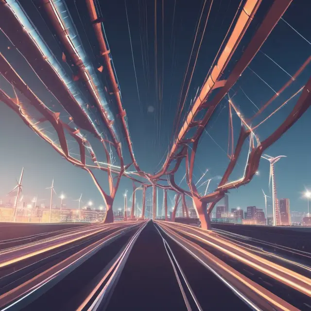 An elegant bridge connecting symbols of energy, health care, critical infrastructure, and technology represents DFC