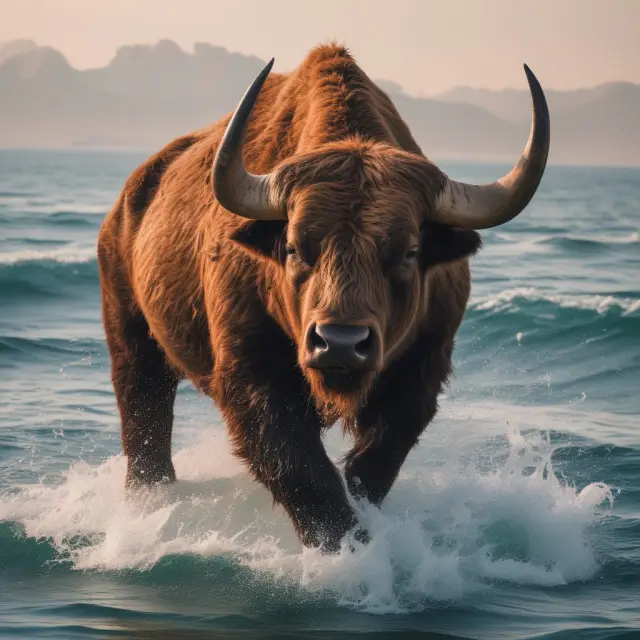 Oversold oversized bull emerges from a sea of bearish market conditions, symbolizing the potential for recovering assets in equities, currencies, and commodities.