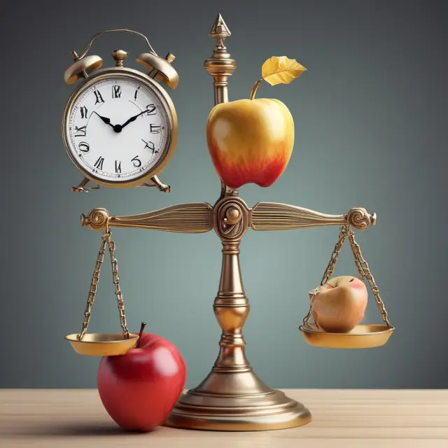 A golden hand holds scales, with a fruit representing buy-and-hold strategy and a clock symbolizing active trading, balanced atop market turbulence