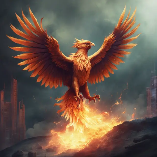 A mythical Phoenix emerging from flames engulfing an oversold stock chart, representing the potential for recovery and investment opportunities.