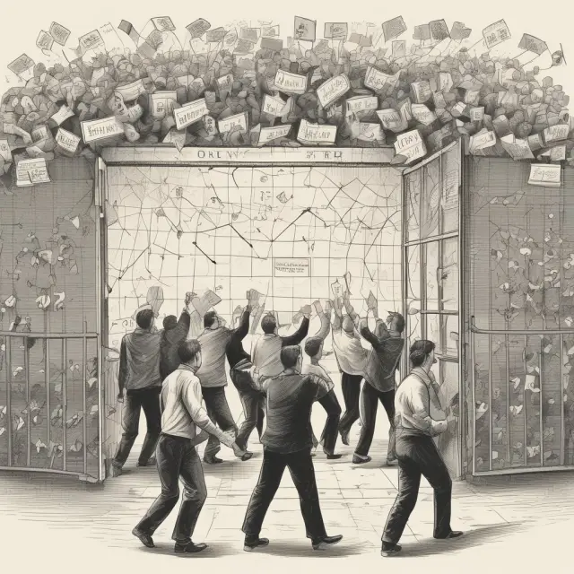 Image depicts investors rushing towards a gate crafted from financial charts, representing the impact of hype and herd mentality on oversubscribed securities