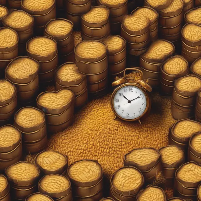 Golden wheat mound and oil barrels with a clock, illustrating the cyclical management of commodity oversupply