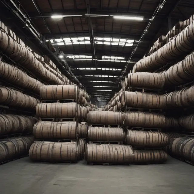 Weathered warehouse with oversized barrels stacked high, illustrating commodity storage as a solution for managing oversupply