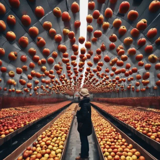 An image of a bustling marketplace with surplus apples raining down on shoppers, signifying an oversupply situation