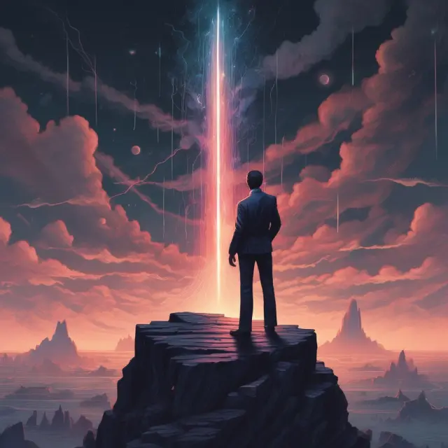 A trader atop a cliff, evaluating oscillating indicators and signals to maintain discipline and avoid overtrading.