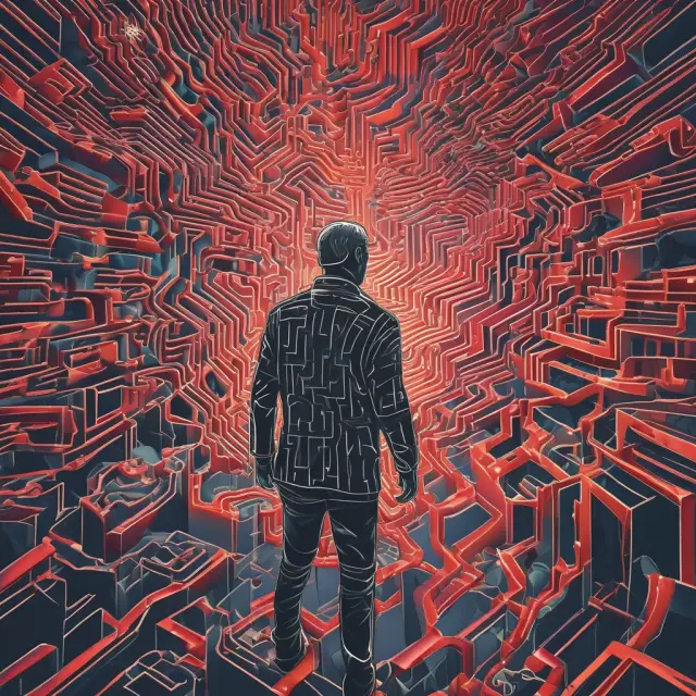An anxious trader navigating through an intricate maze of oscillators and trendlines, representing the potential pitfalls of overrelying on technical analysis.
