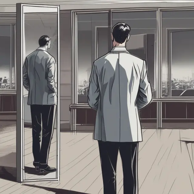 An investor contemplating their trades in front of a mirror, surrounded by rule books to maintain self-awareness and prevent overtrading.