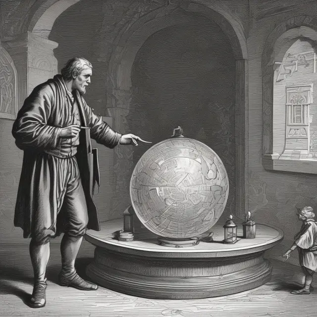 An ancient trader ponders his crystal ball filled with stocks, while a calm investor holds an arrow signifying deliberate trading choices. Preventing overtrading.