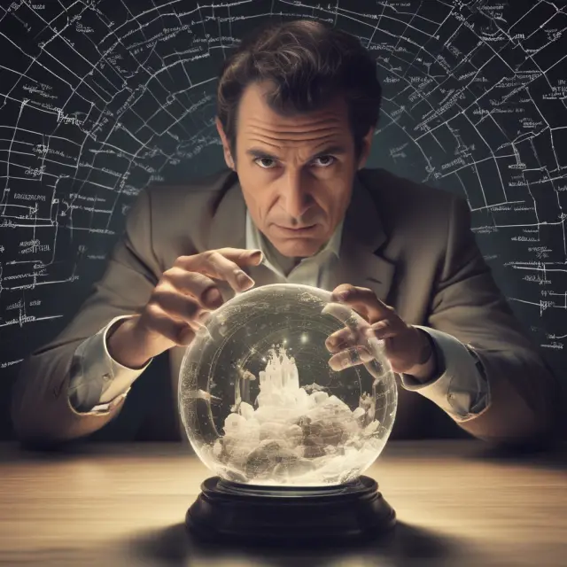 An investor holding a crystal ball, contemplating the future of various stock tickers in relation to overvalued stocks