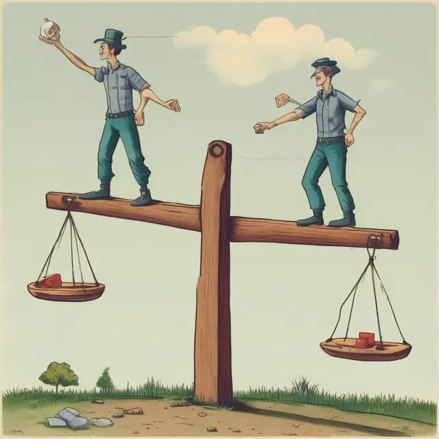 An imaginative image of a see-saw balancing stocks, representing the concept of overvalued stocks and their precarious position due to high P/E ratios.