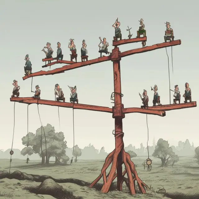 A see-saw with companies represented as weights; some are high, others low, depicting P/E ratios determining overvaluation and undervaluation.