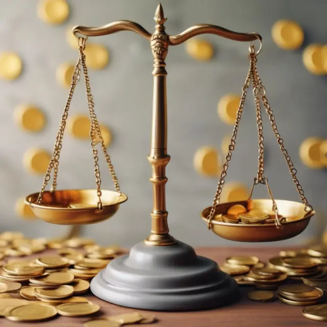 A set of golden scales balanced precariously with coins representing earnings per share. The side with a higher coin pile signifies an overvalued stock.