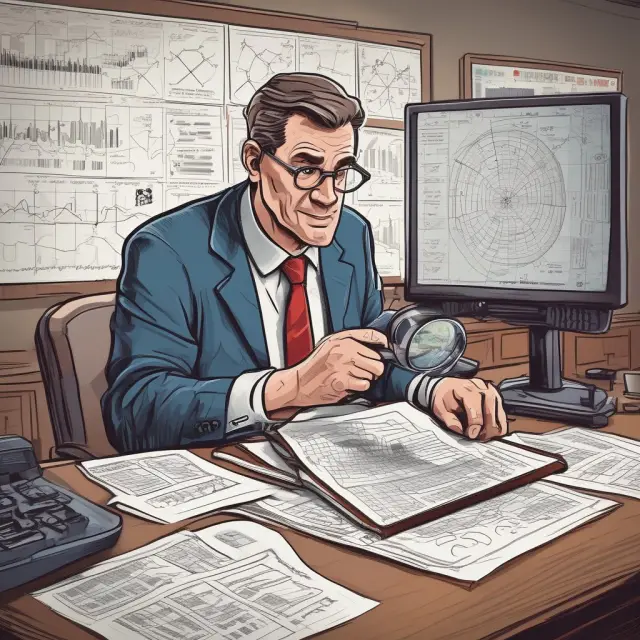 A short seller examines stock charts and financial data with a magnifying glass, looking for signs of overvaluation to capitalize on potential short selling opportunities