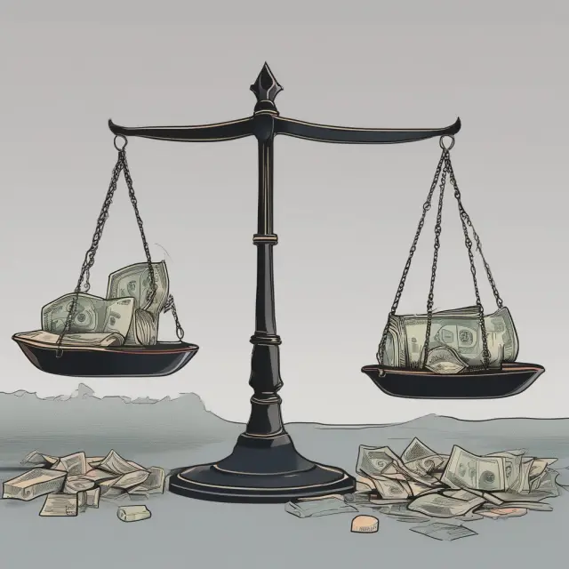 A pair of scales balancing tangible assets (books) and intangible earnings potential (currency). Three valuation metrics - P/B, P/S, and P/CF - are depicted as labels on the scale