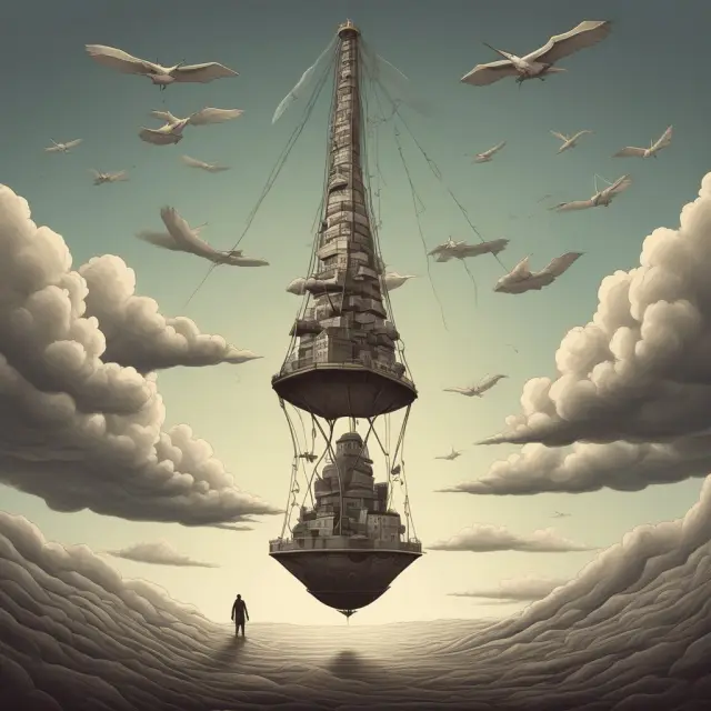 An investor balancing on a scale as an overvalued stock tips precariously, with winds of market forces swirling around them