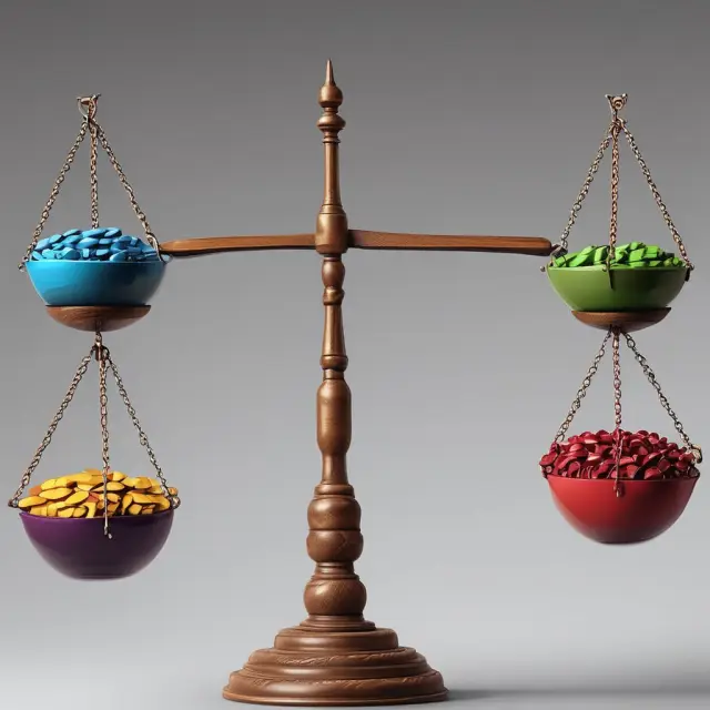 Image of scales with various stock sector weights, depicting the balancing act in managing overweight positions within a diversified portfolio to optimize risk and returns