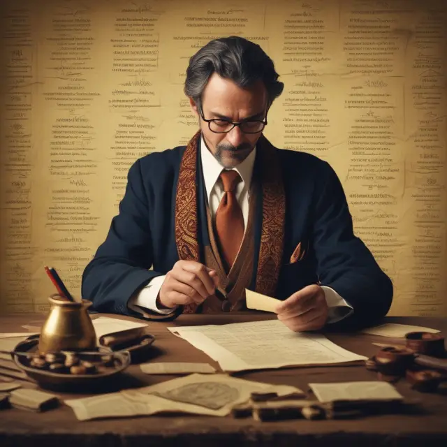 An investor writing on parchment, selling overpriced options against a stock with dividends and an option tree growing above.