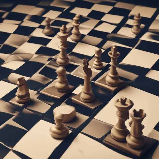 Overwriter managing profit potential vs risk exposure on a chessboard, with pieces representing factors like volatility, time to expiration, and stock price swings