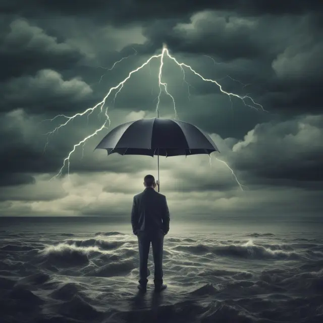 A determined investor braving stormy market conditions while holding options, symbolizing the challenges and limitations of overwriting.