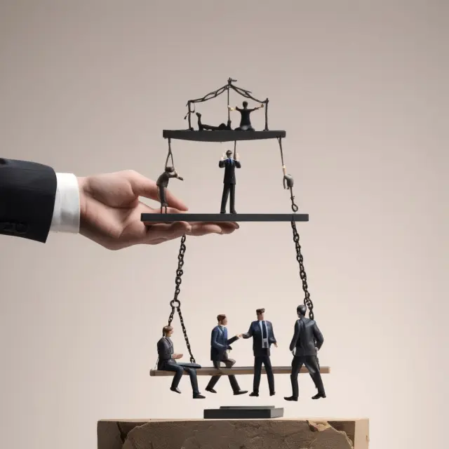 Seller hands keys to a buyer on a financial seesaw, illustrating the balanced arrangement of owner financing