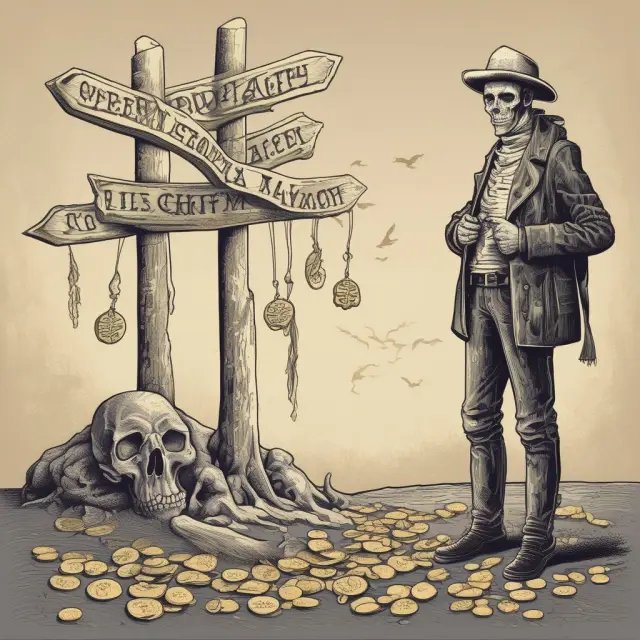 Seller considering pros and cons of owner financing at a crossroads, with gold coins symbolizing advantages and skulls & crossbones representing disadvantages.