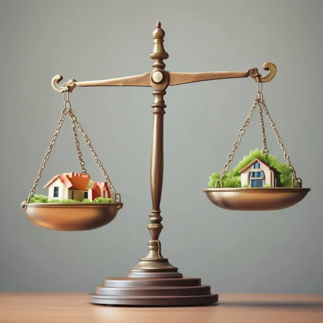 Visual comparison of traditional mortgage lenders and owner financing in real estate transactions. Balance scale represents weighing the risks, benefits, and requirements for each option.