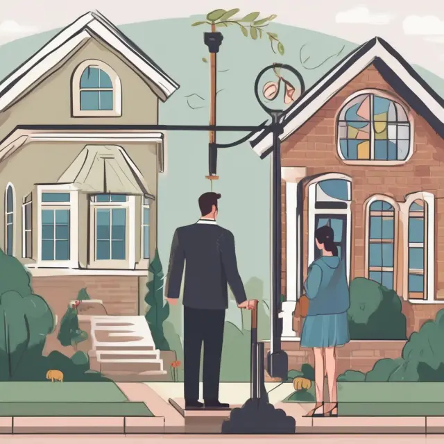 Buyer and seller standing on opposite sides of a tax scale, discussing mortgage interest deductions in an owner financing deal.