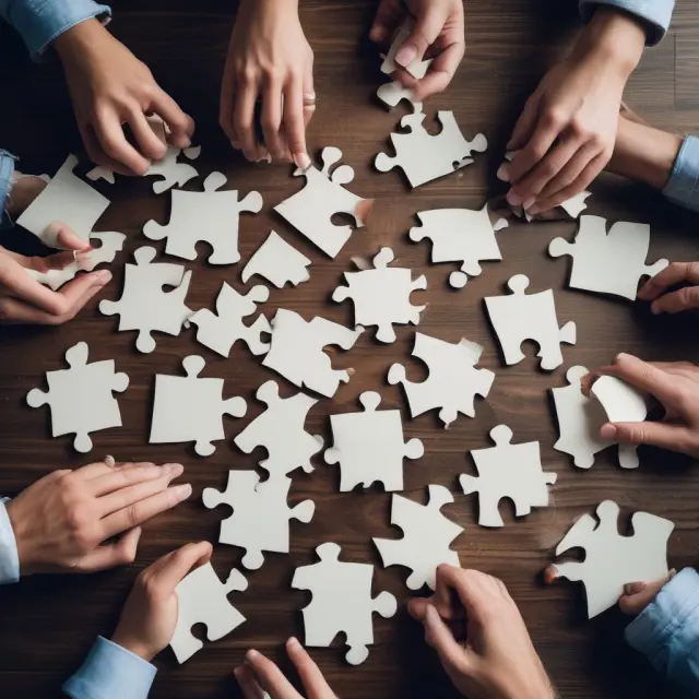 A seller holding a jigsaw puzzle, illustrating the risks involved in owner financing: potential buyers represented by puzzle pieces, some complete and others missing or incomplete