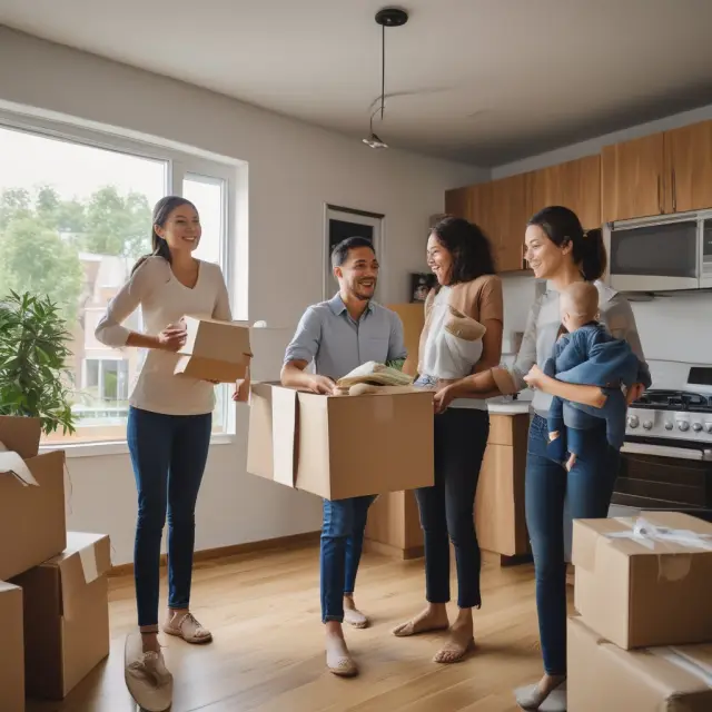 Family joyfully moving into their new home during a housewarming ceremony, symbolizing owner-occupancy
