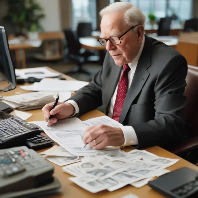 Warren Buffett intently calculates Owner Earnings, determining cash inflow for shareholders, using a traditional abacus and financial statements