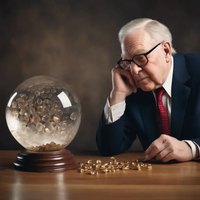 Warren Buffett examining owner earnings in a crystal ball, surrounded by gold coins representing cash flows