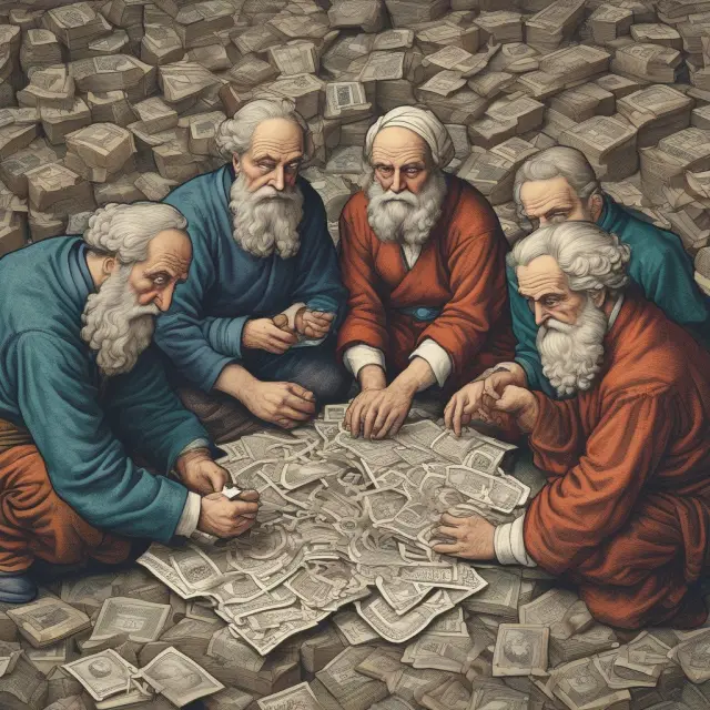 Three investors analyzing a complex puzzle consisting of interconnected pieces representing Net Income, Free Cash Flow, and Owner Earnings.