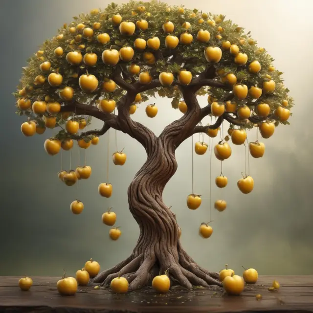 A wisdom tree adorned with golden apples symbolizing owner earnings, illuminating the path for investors