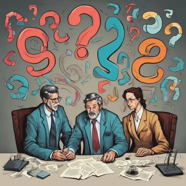 Surgeon, artist, and attorney discussing different own-occupation policies. Surgeon confused with question mark above head, artist looking thoughtful, and attorney pensive.