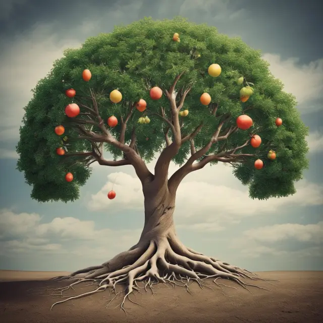 An illustration of a tree with insurance policy roots providing fruit representing financial security
